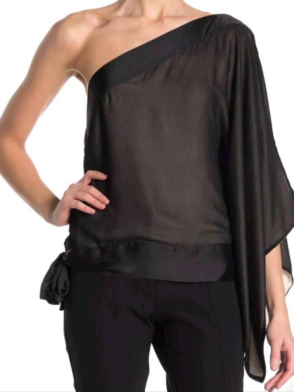 NWT Vertigo Women's One Shoulder Blouse Bell Sleeve Medium Black Tapioca Lining